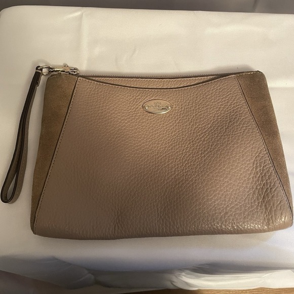 Coach Leather Suede Large Clutch Wristlet Bag Pebbled Leather F53419 Tan Beige - Picture 1 of 16